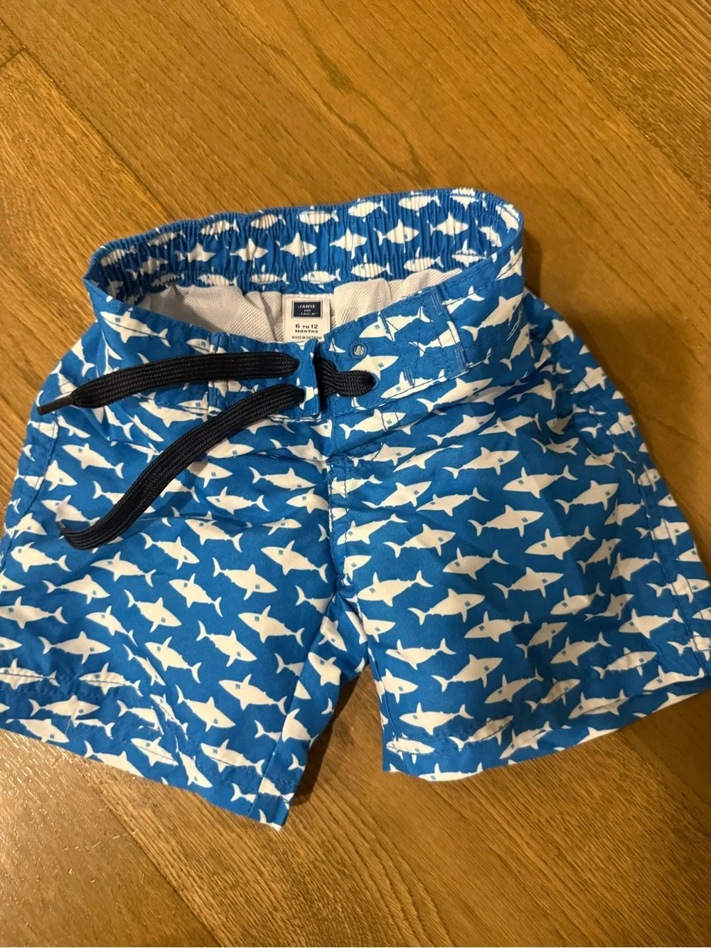 Janie and Jack Blue Shark-Print Baby Swim Shorts Trunks - 6-12 months